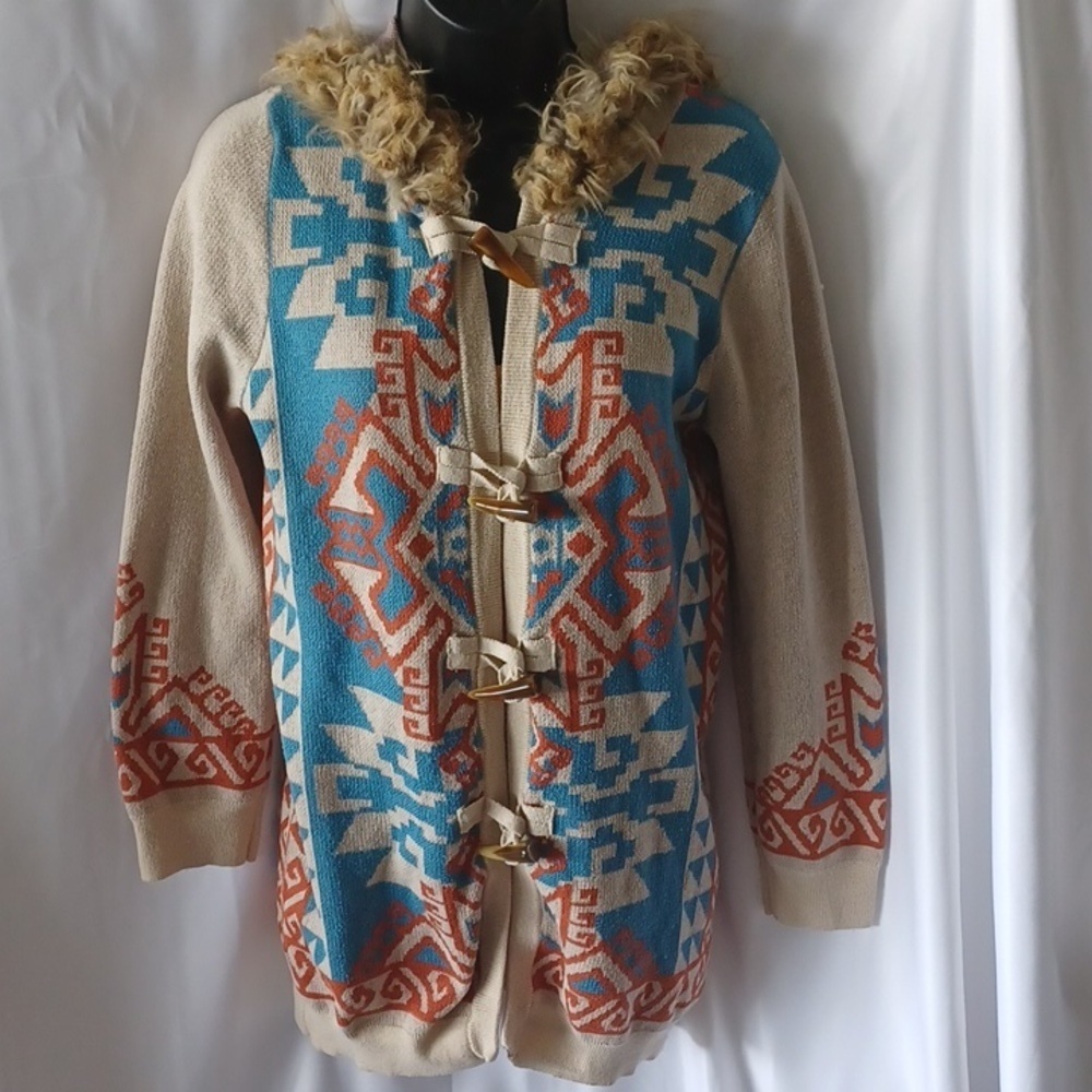 Flying Tomato Printed Knit Cardigan Size Small, turquoise, cream, orange